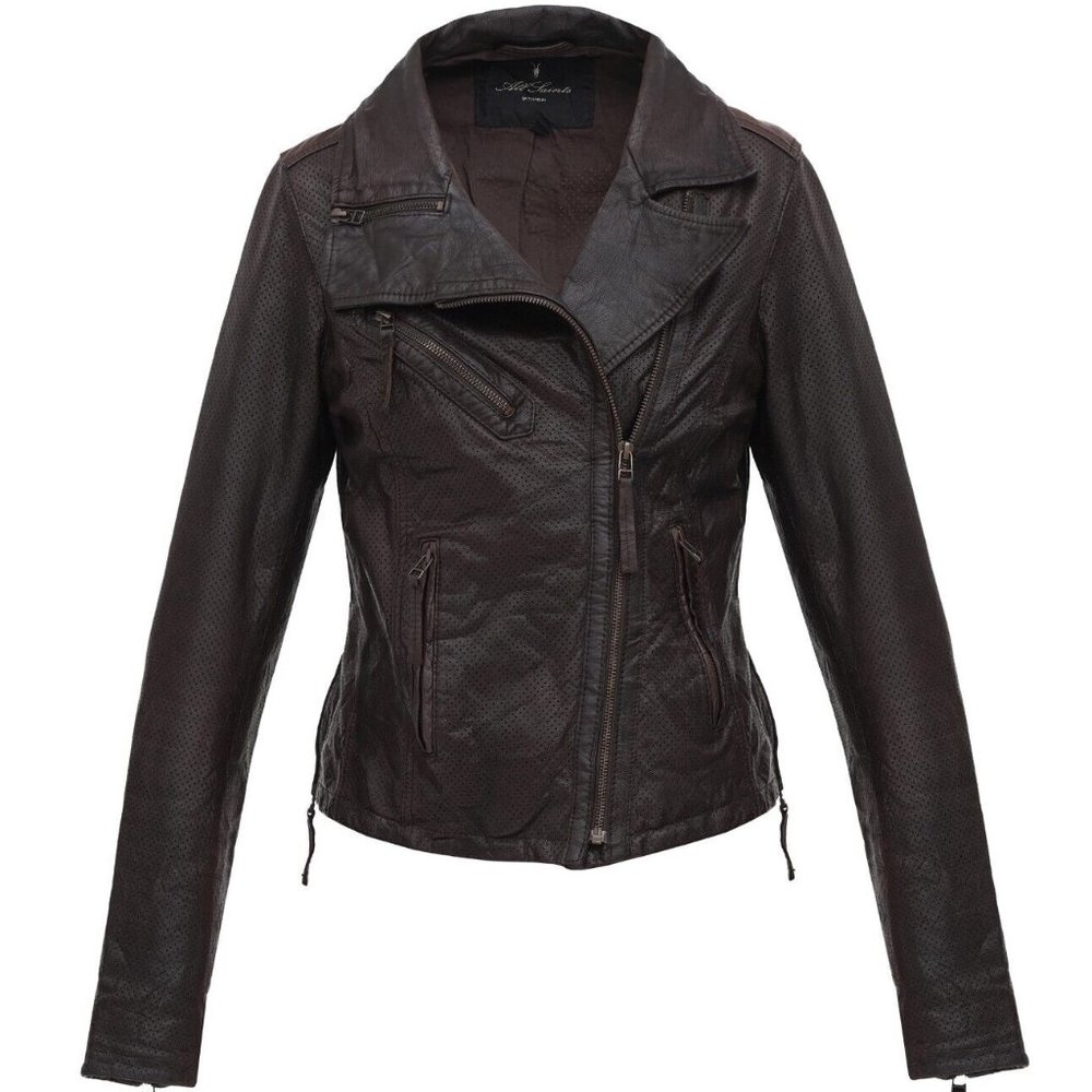 Unique Perforated All Saints Meyer Brown Leather Jacket XS For Petites R…